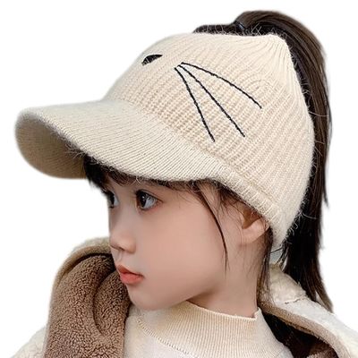 Vikodah Messy-Bun Ponytail-Knit-Visor Beanie-Hat for Littles Girls 2 to 7 Years Outdoor Warm Basball-Cap Beige