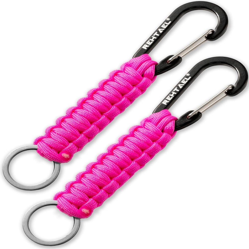 REHTAEL Carabiner Key Chain for Men/Women, Military Braided Paracord Keychain w/Hook Clip D Ring, Heavy Duty Parachute Key Lanyard for Keys/Backpack, Camping/Hiking 2Pcs (Pink * 2)