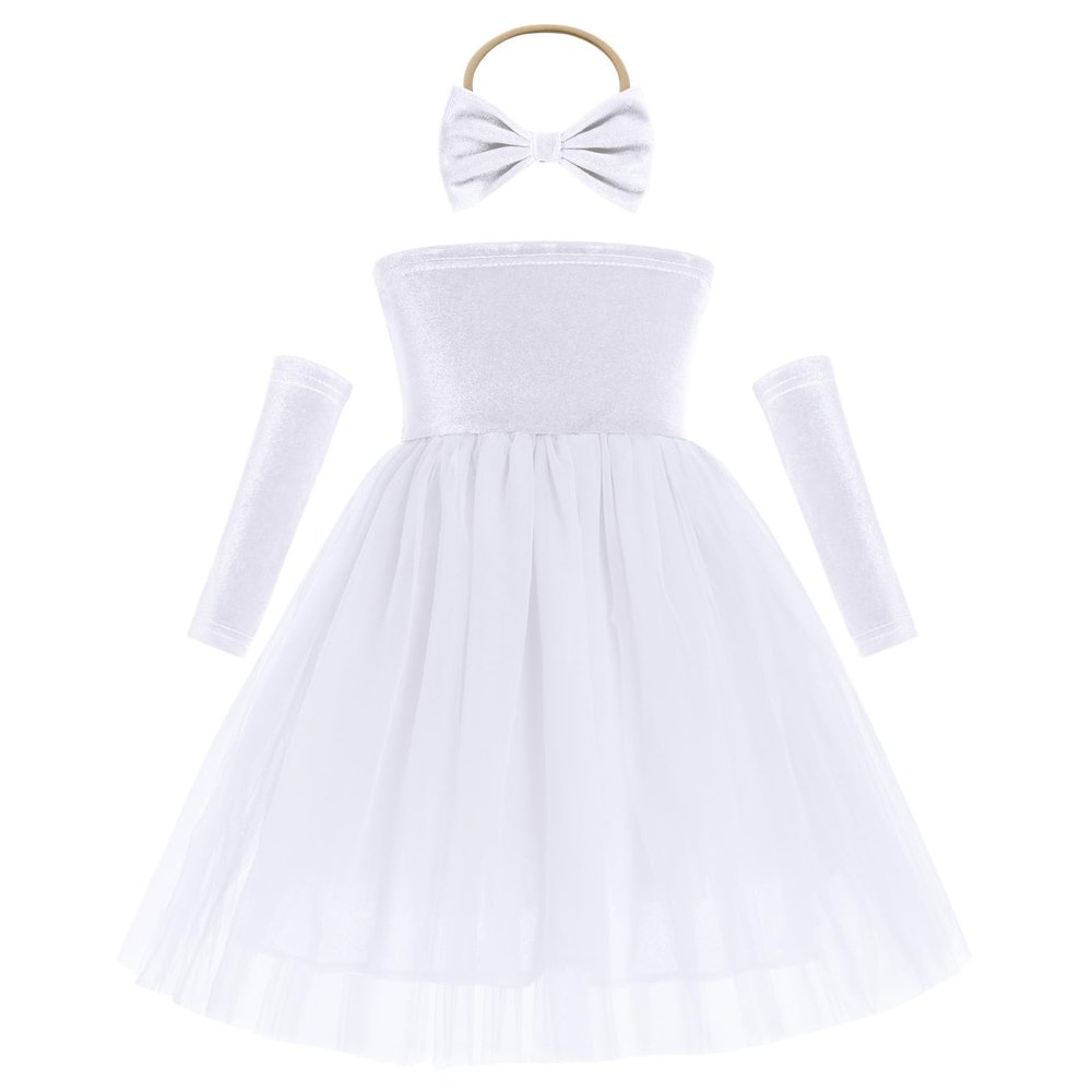 First Birthday Outfit Baby Girls, Toddler Velvet Dress Christmas Party Strapless Sleeveless Tulle Tutu Princess A-line Dress Kids Infant Wedding Guest Formal Pageant Winter Fall Dress White 4-5 Years