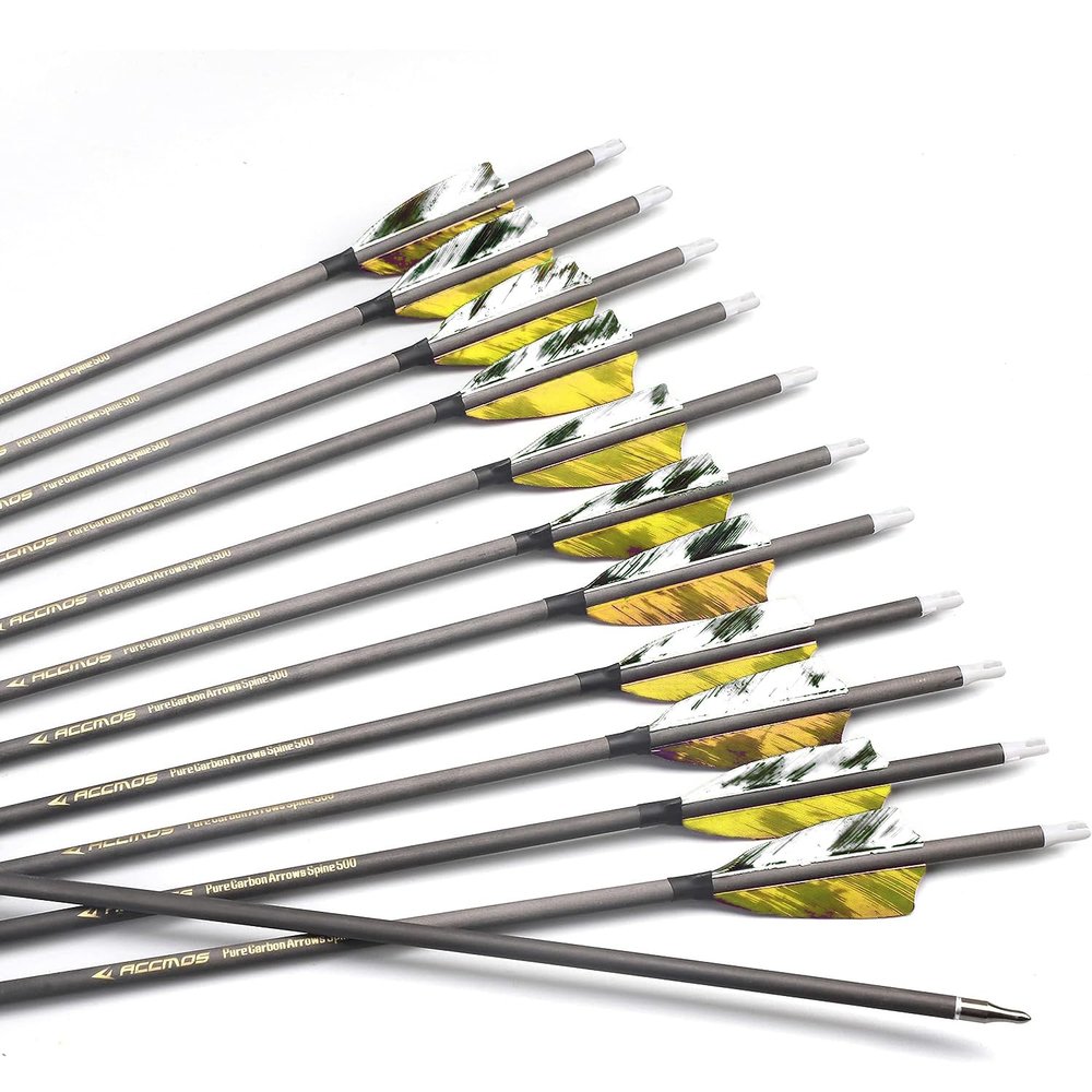 12pc 32-Inch 500-Spine Arrow Removable Tips Targeting Hunting Arrow Turkey Feather 3 Inch Feathered Carbon Arrows for Traditional Bow Long-Bow Compound Bow Recurve Bow Adult Youth Archery Yellow Camo
