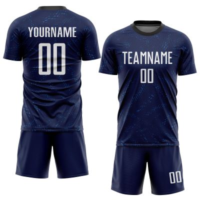 Cool Navy Blue Soccer Jerseys Sets for Men Teen Boys Customized Sports T-Shirts and Shorts Personalized Team Uniforms with Name Number Logo Printed for Unisex Women Youth Adults