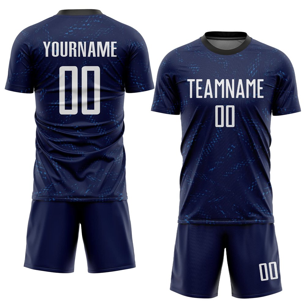 Cool Navy Blue Soccer Jerseys Sets for Men Teen Boys Customized Sports T-Shirts and Shorts Personalized Team Uniforms with Name Number Logo Printed for Unisex Women Youth Adults