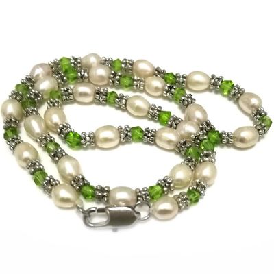 17 inches 5-6mm Natural White Pearl & Green Crystal Beaded Chocker Necklace
