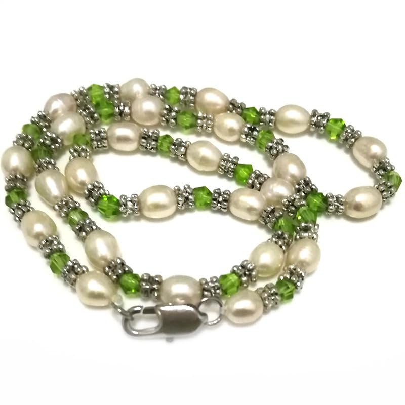 17 inches 5-6mm Natural White Pearl & Green Crystal Beaded Chocker Necklace