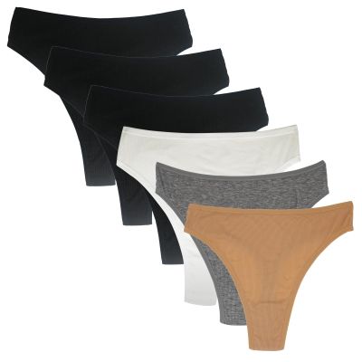 Amwounu High Waisted Cotton Thongs Underwear for Women Soft Black White Grey Nude Thong High Rise Panties Size XL Pack of 6