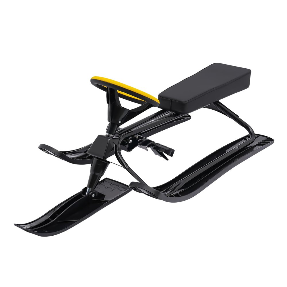 Snow Racer Sled, Ski Sled Slider Board with Steering Wheel,Snow Sled for Kids,Seat Length 18Inch (Black)