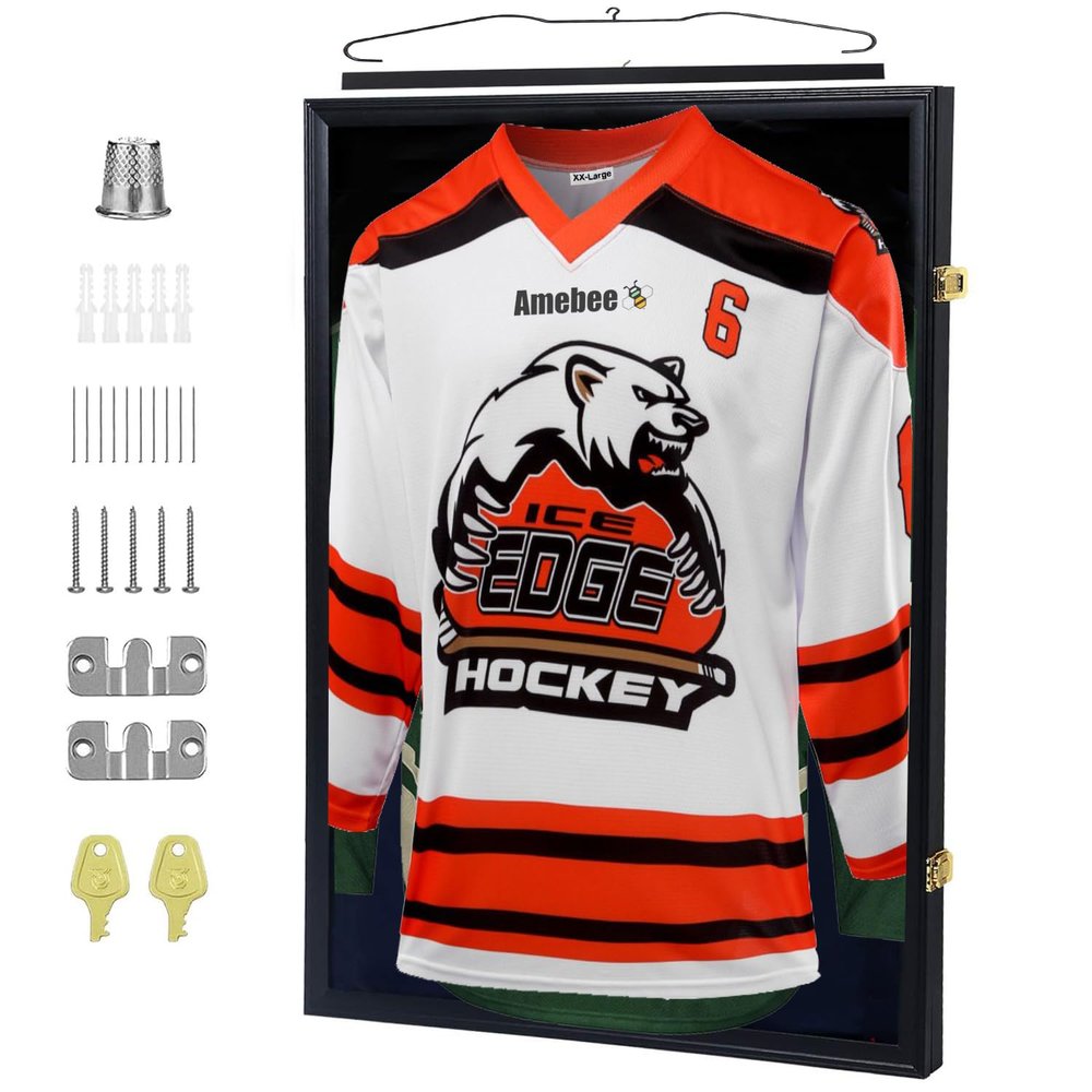 Real Wood Jersey Display Frame Case Extra Large Lockable Shadow Box UV Protection & Hanger by Amebee for Baseball Basketball Football Hockey Shirt, Jersey & Memorable Frame (Wood Frame Extra Large)