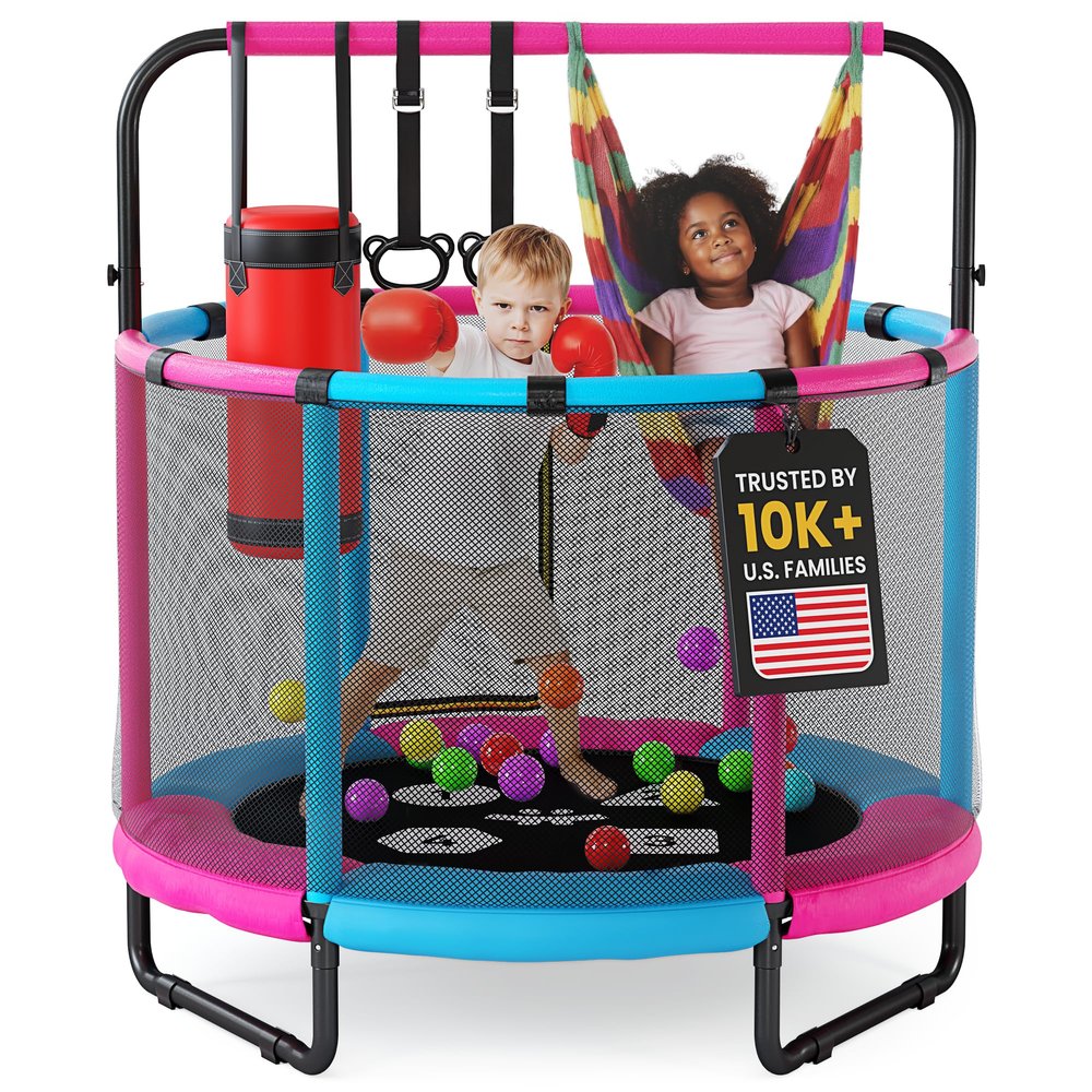 Happin 55 Trampoline for Kids with Safety Enclosure, Indoor & Outdoor Toddler Trampoline, Ultra Safe Design with Multi Activity Accessories, Perfect Toddler Gift for Boys & Girls Ages 18