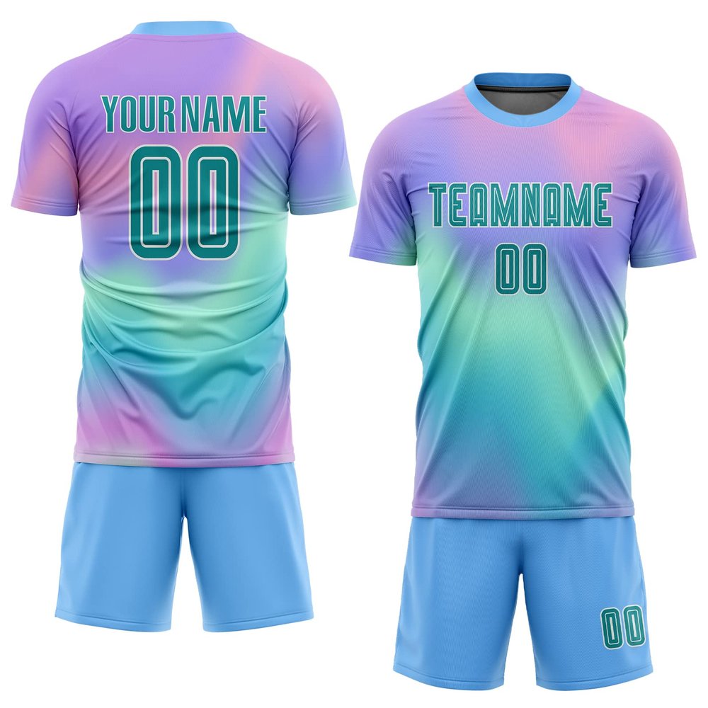 Personalized Colorful Soccer Jerseys Sets Team Uniform Customized Round Neck Soccer T-Shirts and Shorts Casual Outfit with Name Number Logo Printed for Men/Women/Youth Boys Girls