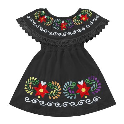 Mexican Fiesta Dress for Girls - Cinco de Mayo Traditional Off-Shoulder Floral Embroidered Sleeveless Dress - Toddler Kids Vestido Tipico Mexicano Black 12-18 Months