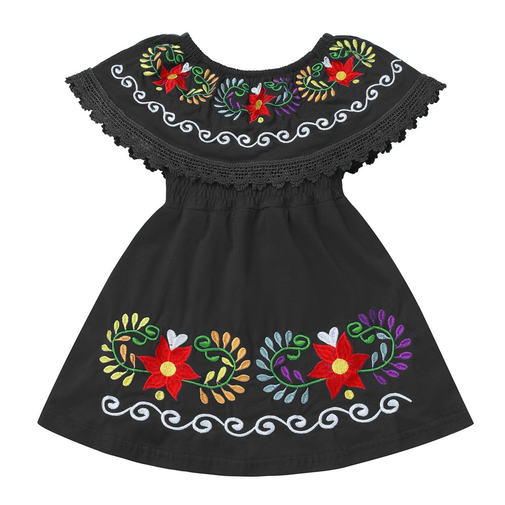 Mexican Fiesta Dress for Girls - Cinco de Mayo Traditional Off-Shoulder Floral Embroidered Sleeveless Dress - Toddler Kids Vestido Tipico Mexicano Black 12-18 Months