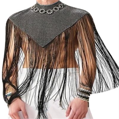 Men's Sequins Tassel Trim Turtleneck Sleeveless Fringed Solid Tee Top Shawl Wrap Cape Pullover Muscle Tank Top Disco 70s Rave Outfits