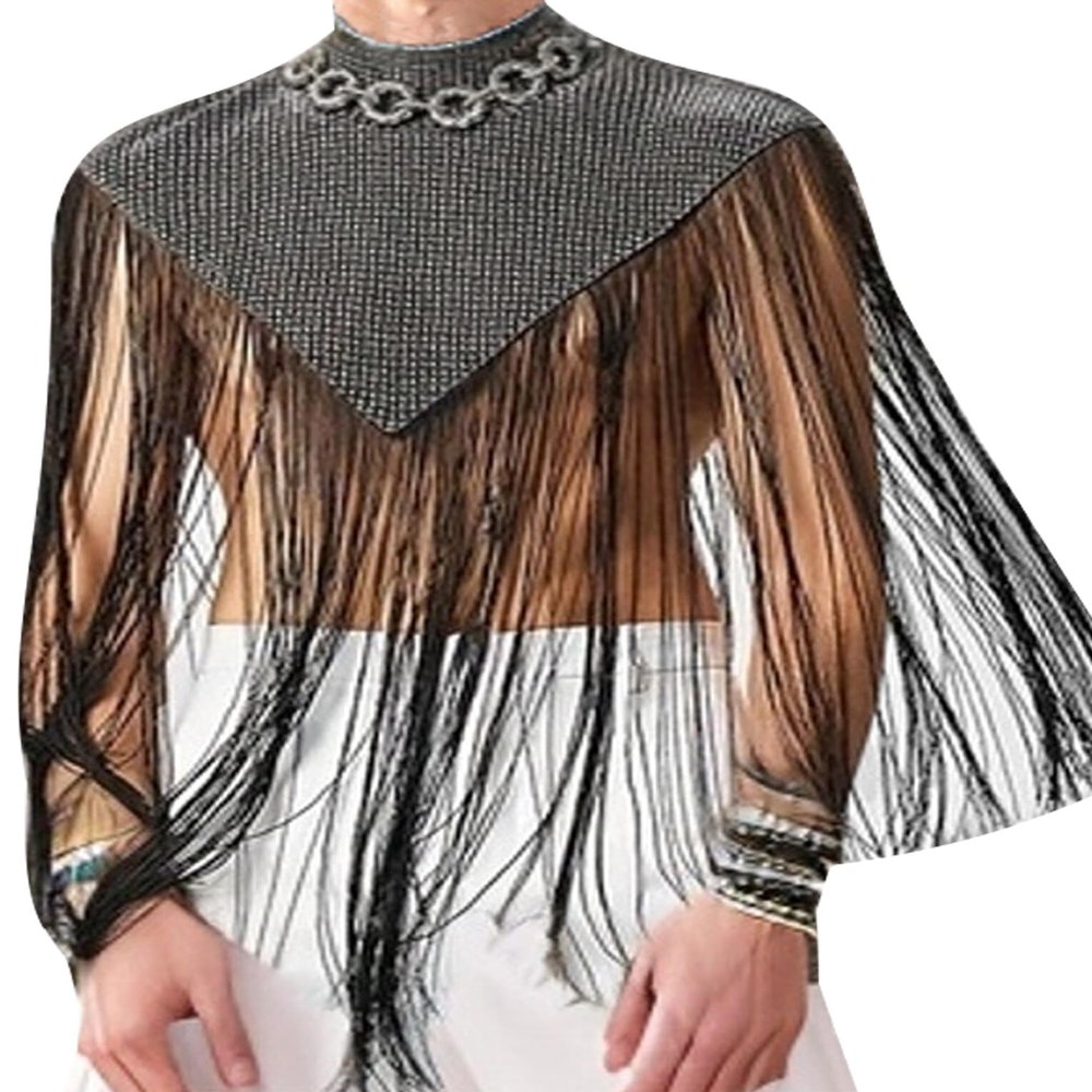 Men's Sequins Tassel Trim Turtleneck Sleeveless Fringed Solid Tee Top Shawl Wrap Cape Pullover Muscle Tank Top Disco 70s Rave Outfits