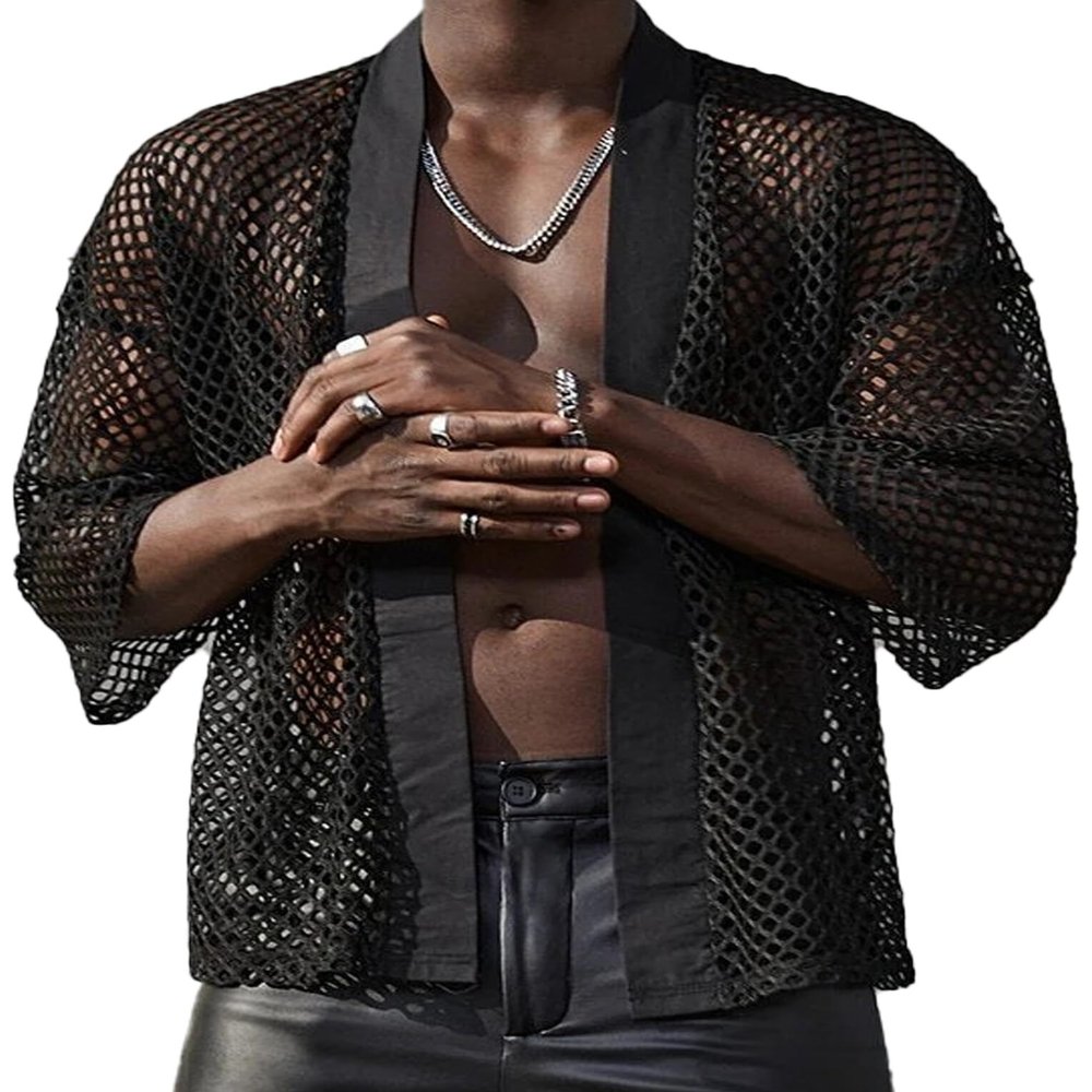 Openwork Mesh Tops for Men Half Sleeve Kimono Shirt Open Front Fishnet Cardigan Tshirt for Disco Party Night-Out Club Rave Holiday