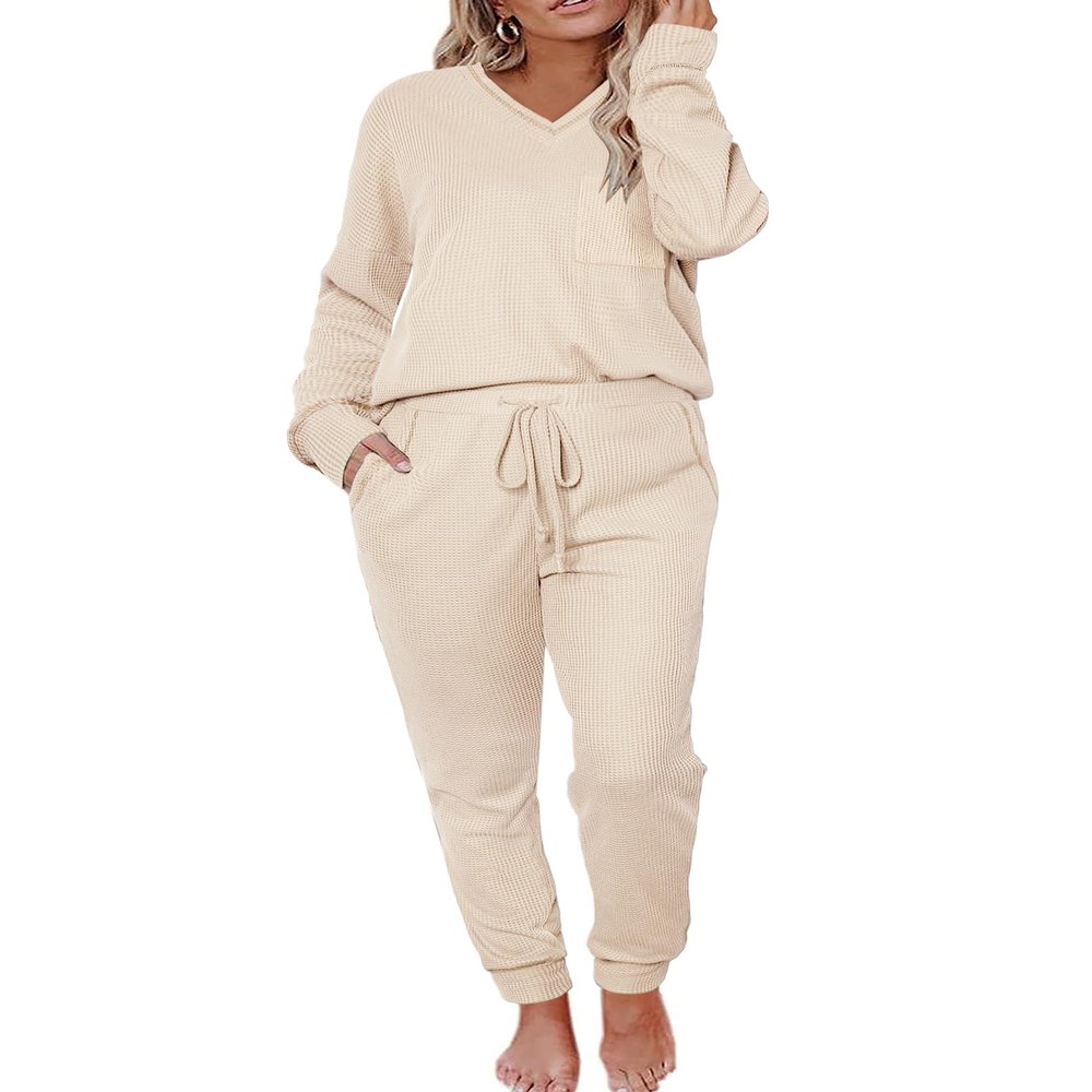 Becotal Womens Pajama Sets Waffle Knit 2 Piece Lounge Sets Sleepwear Loungewear Pjs Sets Long Sleeve Maternity Postpartum Pajamas Sleep Set Beige L