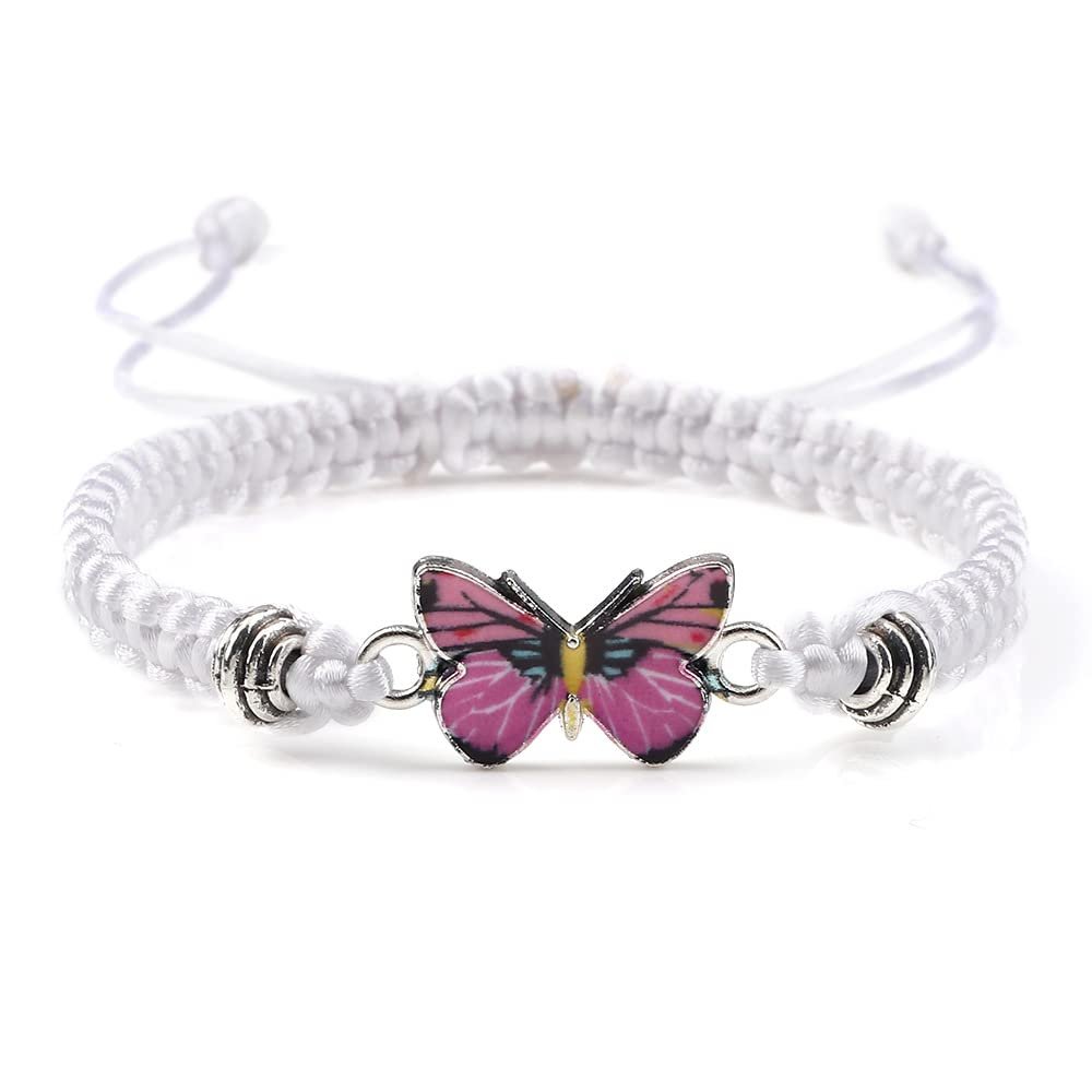 COLORFUL BLING Multicolor Braided Woven String Butterfly Bracelets for Couple Matching Friendship BFF Family Butterfly Wristband Jewelry-white pink