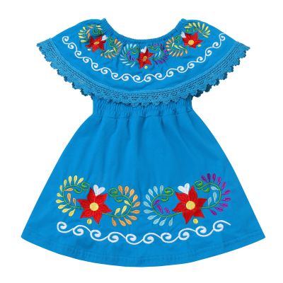 Cinco de Mayo Fiesta Dress for Girls Traditional Mexican Dress for Girls Toddler Sleeveless Off-Shoulder Mexican Ethnic Embroidered Floral Dress Toddler Vestidos Tipicos Mexicanos Blue 18-24 Months