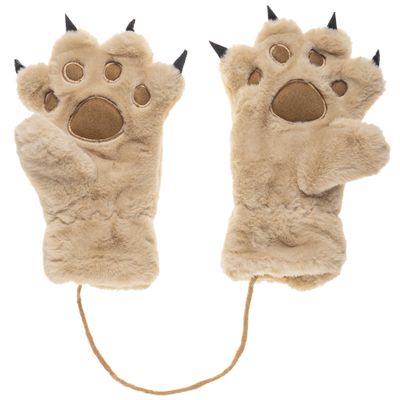 Kids Winter Gloves Cartoon Plush Paw Mittens Keep Warm Glove with Neck Rope Girls Boys Cosplay Costume Gloves (beige)
