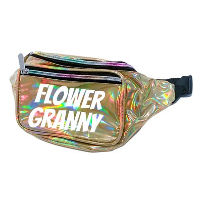 Flower Granny Holographic Metallic Fanny Pack (Gold w/White Text)