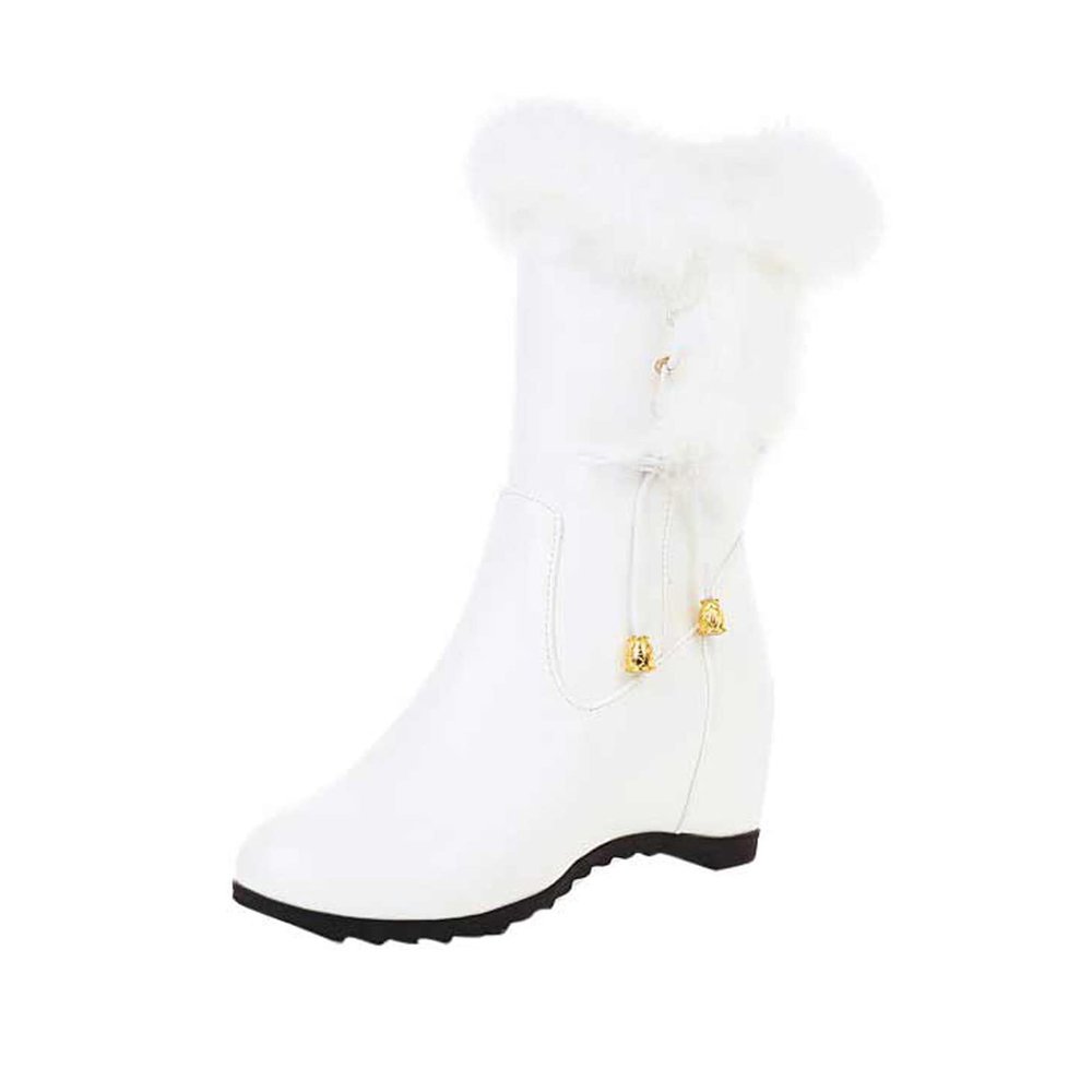 Ladies Fashion Solid Leather Plush Side Zipper Inside High Wedge Heel Short Cotton Boots Boots for Women (White, 8.5)