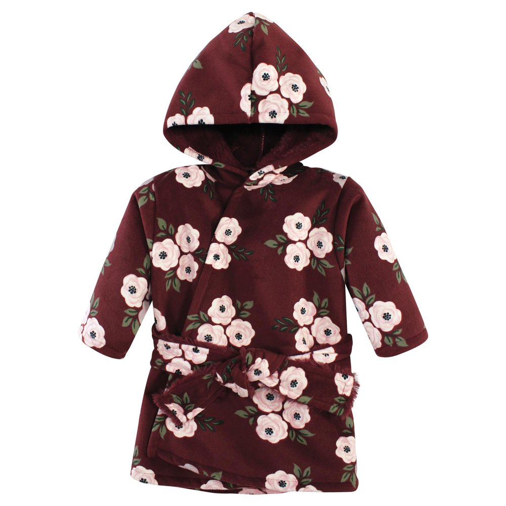 Hudson Baby Unisex Baby Mink with Faux Fur Lining Pool and Beach Robe Cover-ups, Burgundy Floral, 6-12 Months