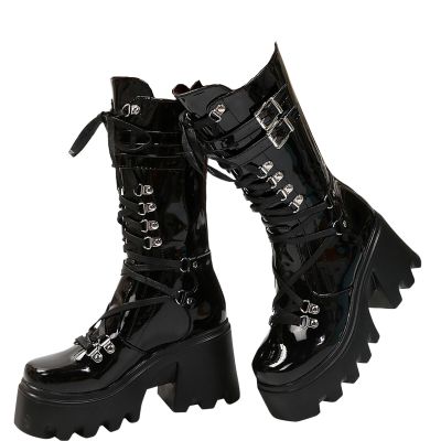ZKXYFFS Women's Punk Mid Calf Boots Motorcycle Platform Wedge Ankle Boots Goth Patent Lace Up Booties Zipper Combat Boots
