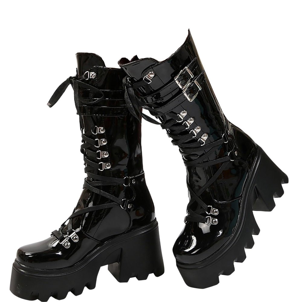 ZKXYFFS Women's Punk Mid Calf Boots Motorcycle Platform Wedge Ankle Boots Goth Patent Lace Up Booties Zipper Combat Boots
