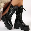 ZKXYFFS Women's Punk Mid Calf Boots Motorcycle Platform Wedge Ankle Boots Goth Patent Lace Up Booties Zipper Combat Boots view 2