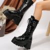 ZKXYFFS Women's Punk Mid Calf Boots Motorcycle Platform Wedge Ankle Boots Goth Patent Lace Up Booties Zipper Combat Boots view 4