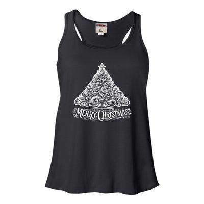 Go All Out Medium Black Women Flowy Cute Swirly Merry Christmas Modern Tree Holiday Party Sleeveless Tank Top T-Shirt