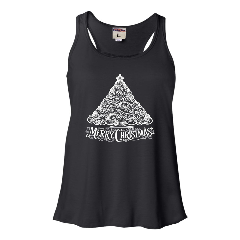 Go All Out Medium Black Women Flowy Cute Swirly Merry Christmas Modern Tree Holiday Party Sleeveless Tank Top T-Shirt