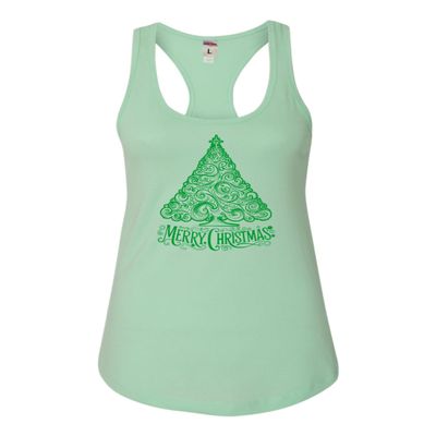 Go All Out XX-Large Mint Women Fitted Cute Swirly Merry Christmas Modern Tree Holiday Party Sleeveless Tank Top T-Shirt