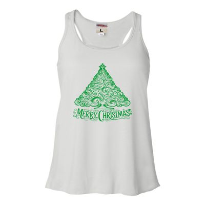 Go All Out Large White Women Flowy Cute Swirly Merry Christmas Modern Tree Holiday Party Sleeveless Tank Top T-Shirt