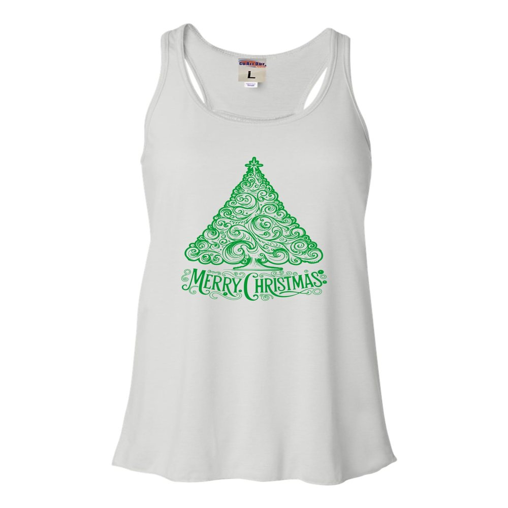 Go All Out Large White Women Flowy Cute Swirly Merry Christmas Modern Tree Holiday Party Sleeveless Tank Top T-Shirt