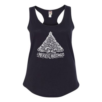 Go All Out Medium Black Women Fitted Cute Swirly Merry Christmas Modern Tree Holiday Party Sleeveless Tank Top T-Shirt