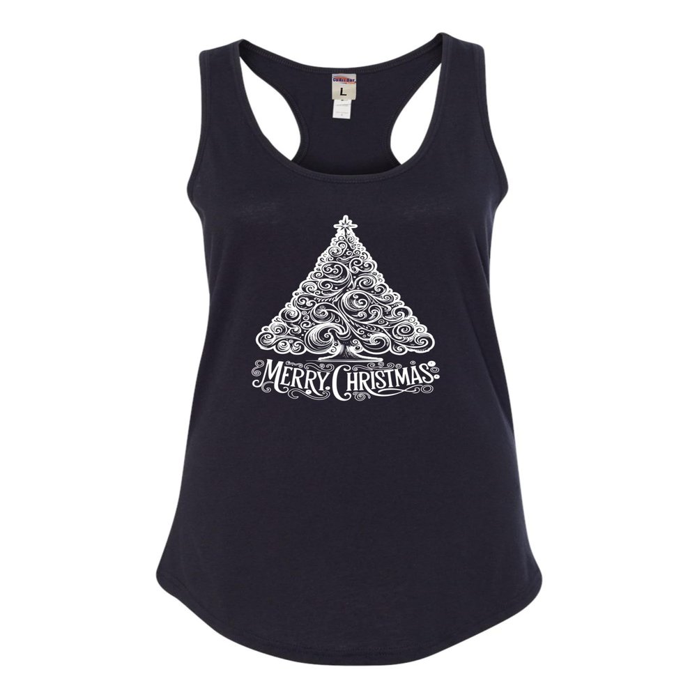 Go All Out Medium Black Women Fitted Cute Swirly Merry Christmas Modern Tree Holiday Party Sleeveless Tank Top T-Shirt