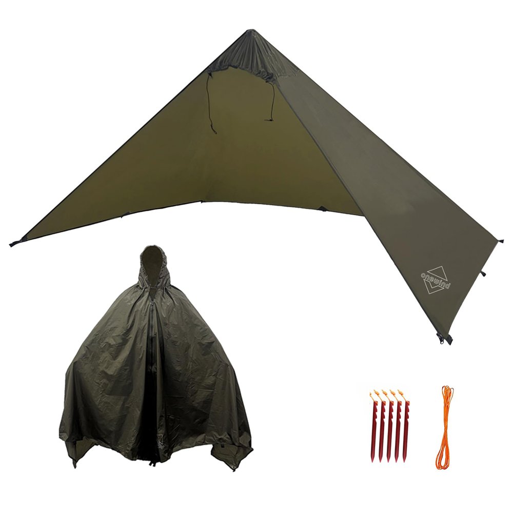 Onewind Lightweight Bushcraft Poncho Shelter, Solitary Shelter Cape Emergency Survival Shelter Tent Ultralight Minimalist Shelter for Camping Hiking Backpacking Bug Out Bag, OD Green