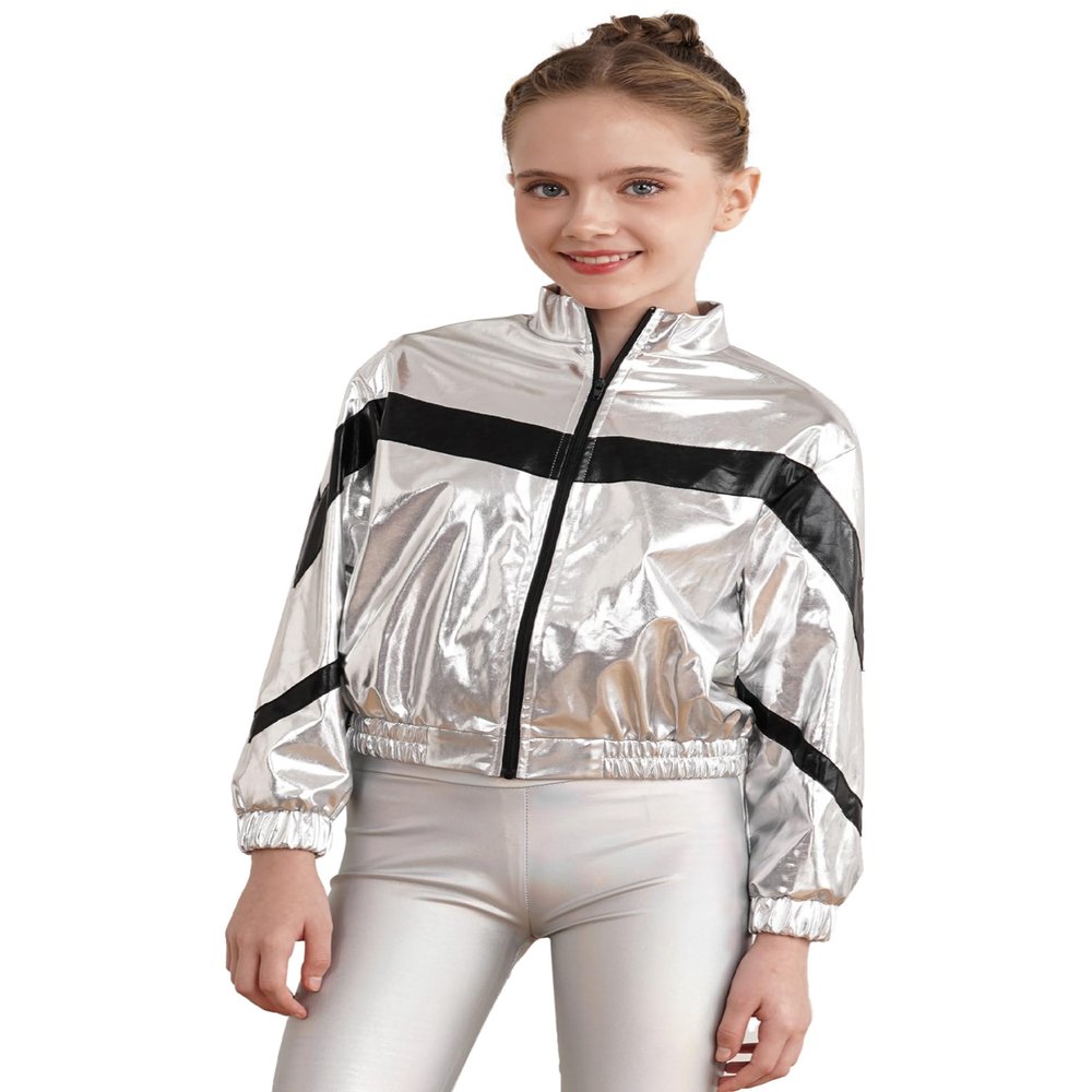 Aislor Kids Girls Shiny Baseball Jacket Long Sleeve Sparkle Metallic Zipper Bomber Jacket Coat Outerwear Clubwear Type B Silver 12 Years
