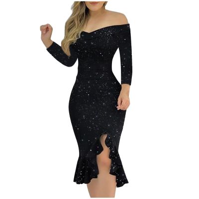 Oplxuo Off Shoulder Sequin Short Party Dresses for Women with Sleeves Glitter Ruffle Hem Slit Mini Formal Prom Cocktail Gown Black