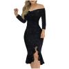 Oplxuo Off Shoulder Sequin Short Party Dresses for Women with Sleeves Glitter Ruffle Hem Slit Mini Formal Prom Cocktail Gown Black view 1