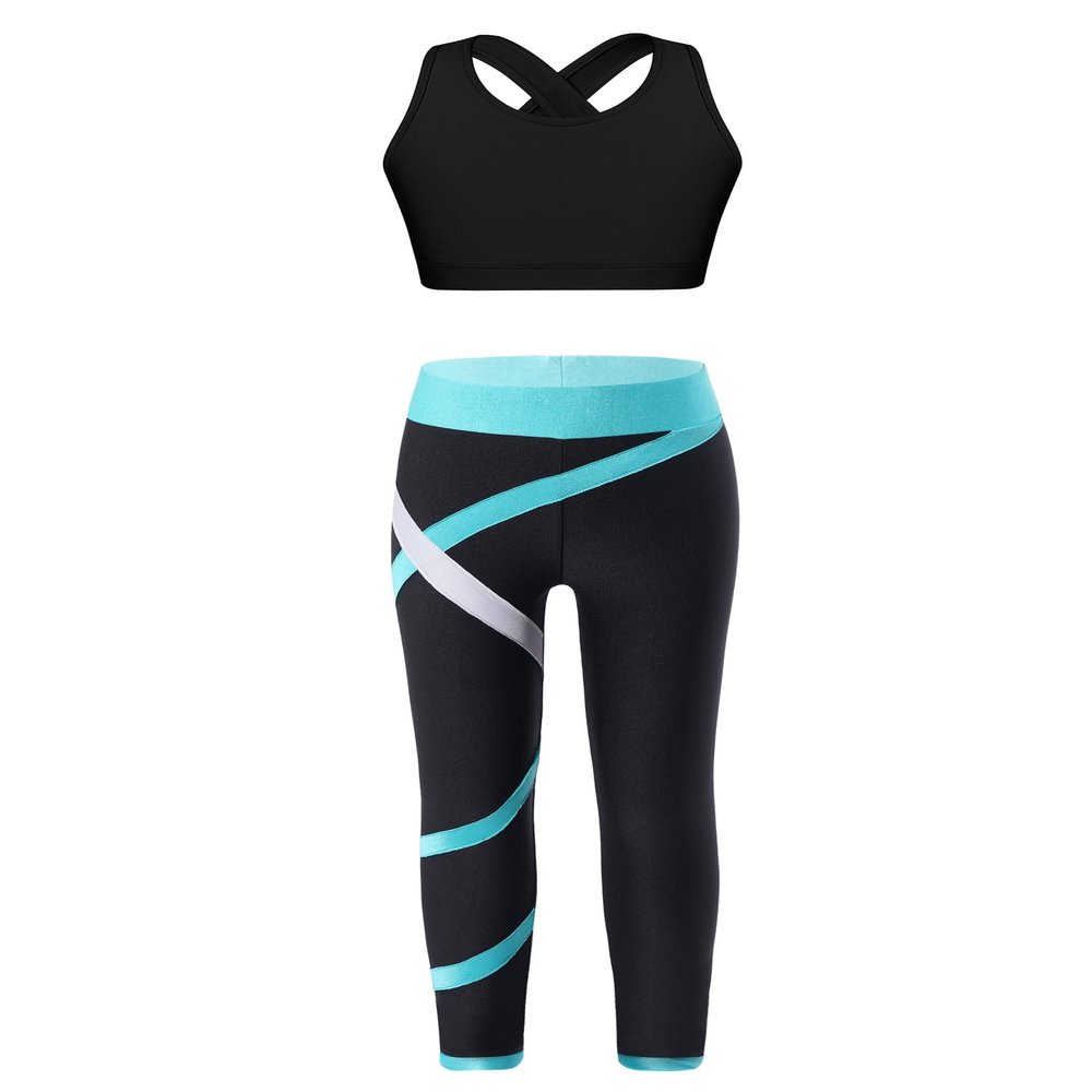 dPois Girls 2 Piece Dance Outfit Racer Back Crop Tank Sport Bra and Gymnastics Leggings Yoga Pants Set Gym Tracksuit Striped Green 11-12