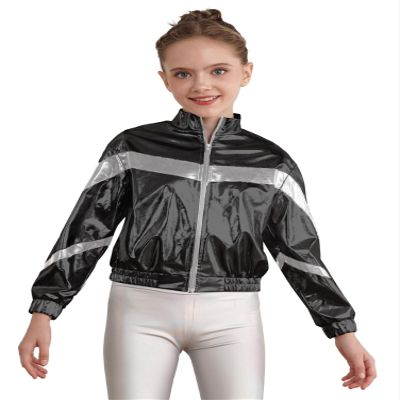 Aislor Kids Girls Shiny Baseball Jacket Long Sleeve Sparkle Metallic Zipper Bomber Jacket Coat Outerwear Clubwear Type B Black 16 Years
