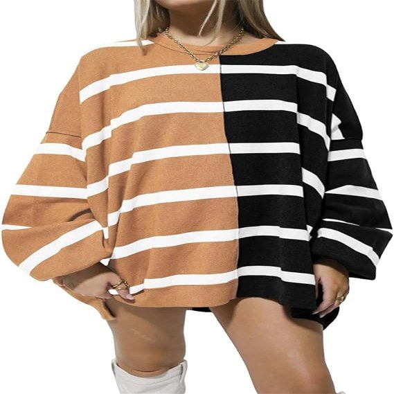 INXKED Women Striped Oversized Pullover Sweater Crew Neck Color Block Long Sleeve Loose Soft Knit Casual Fall Tunic Tops (01,S)