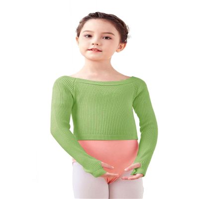 Daydance Boat Neck Girls Dance Sweater Long Sleeve Ballet Warm Up Crop Top for with Thumb Holes, A Size Up Green