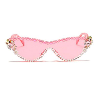 COTIA Bling Pearl Diamond Cat Eye Sunglasses for Women Fashion Crystal Rhinestone Cute Party Decorations Sun Glasses (pink)