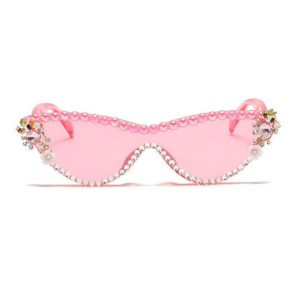 COTIA Bling Pearl Diamond Cat Eye Sunglasses for Women Fashion Crystal Rhinestone Cute Party Decorations Sun Glasses (pink)