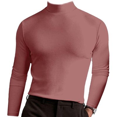 ACE4U Mens High Neck Slim Fit Long Sleeve T-Shirt, Turtleneck T-Shirts Long Sleeve Pullover, Thermal Underwear Top (Color : Light Red, Size : X-Large)