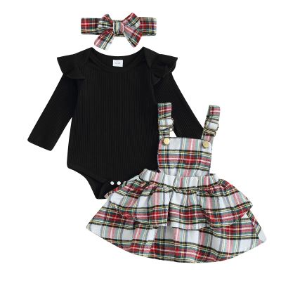 Baby Girl Christmas Outfit Long Sleeve Romper Onesie Deer Plaid Suspender Skirt Set Cute Fall Winter Clothes (Black-Xmas Dress, 0-3 Months)