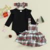 Baby Girl Christmas Outfit Long Sleeve Romper Onesie Deer Plaid Suspender Skirt Set Cute Fall Winter Clothes (Black-Xmas Dress, 0-3 Months) view 2
