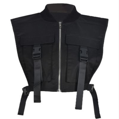 Bnigung Women's Sexy Crop Cargo Vest Sleeveless Buckle Zip Up Vest Jacket Tops Steampunk Streetwear with Pockets(Black,01XL)